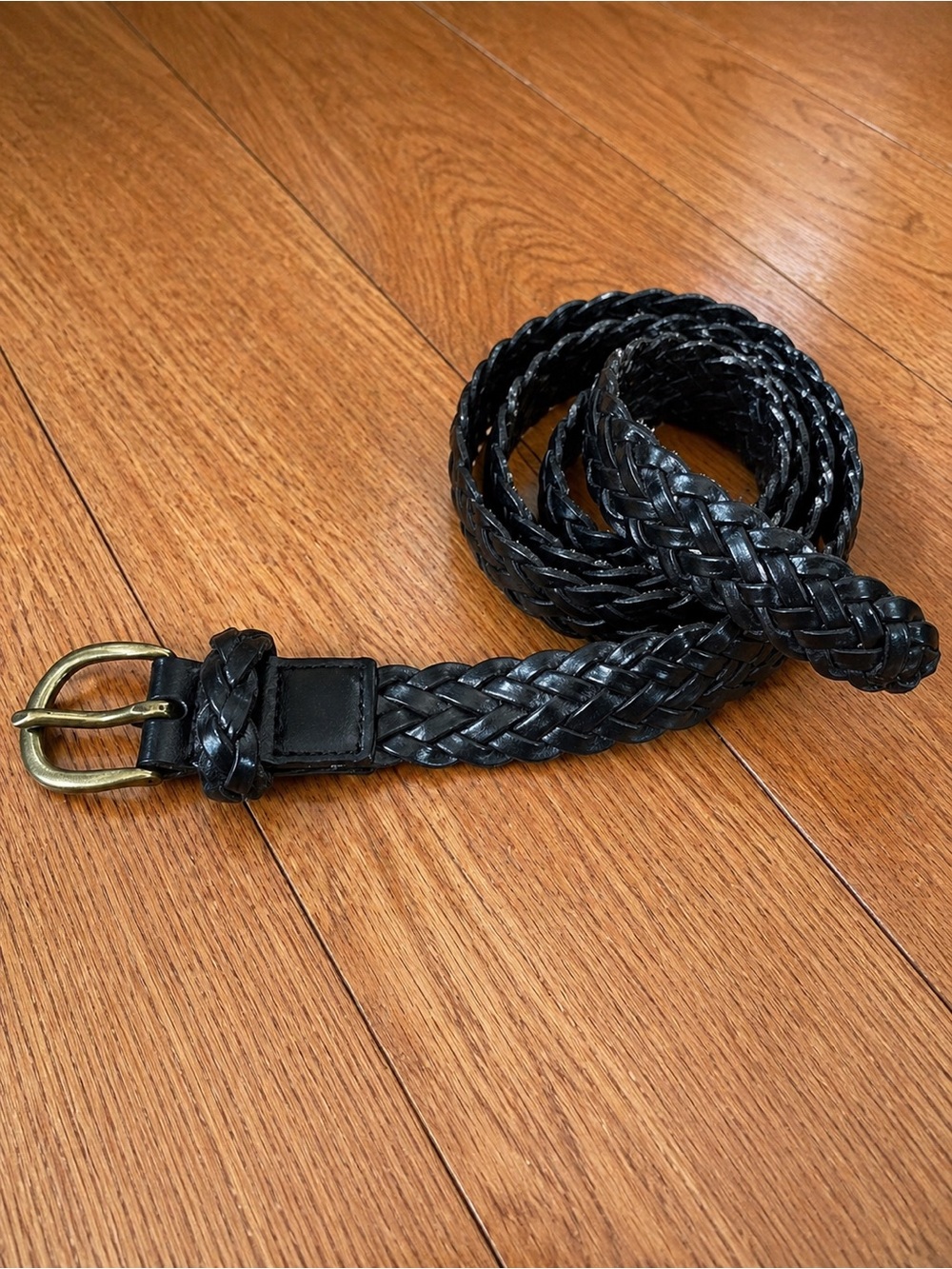 GAP Black Braided Leather Belt with Brass Buckle
